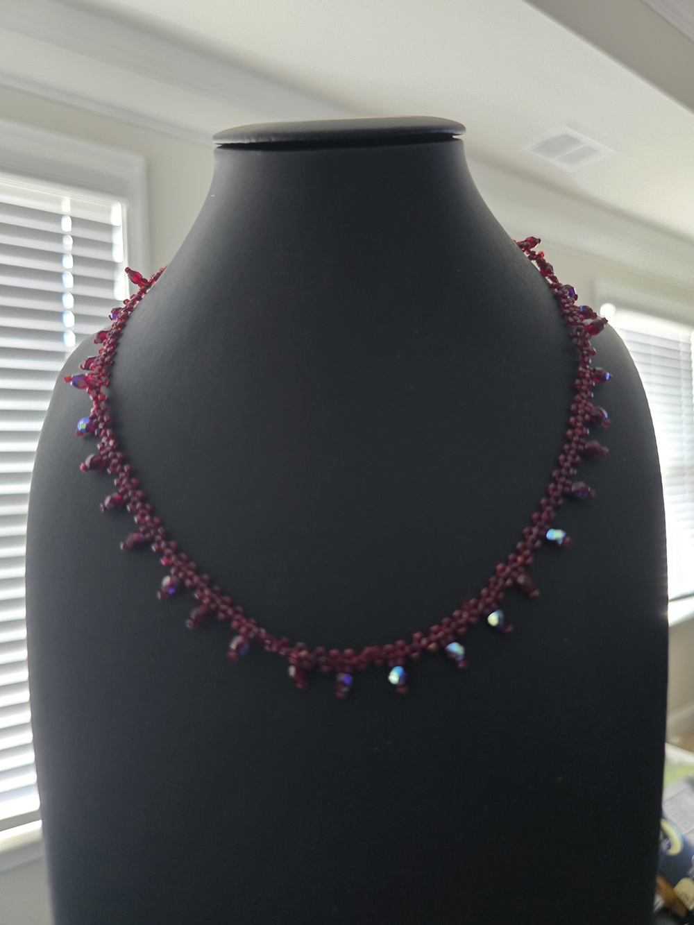 Hand Woven Red Seed Bead Collar Necklace Sterling Silver 925 Clasp Iridescent AB